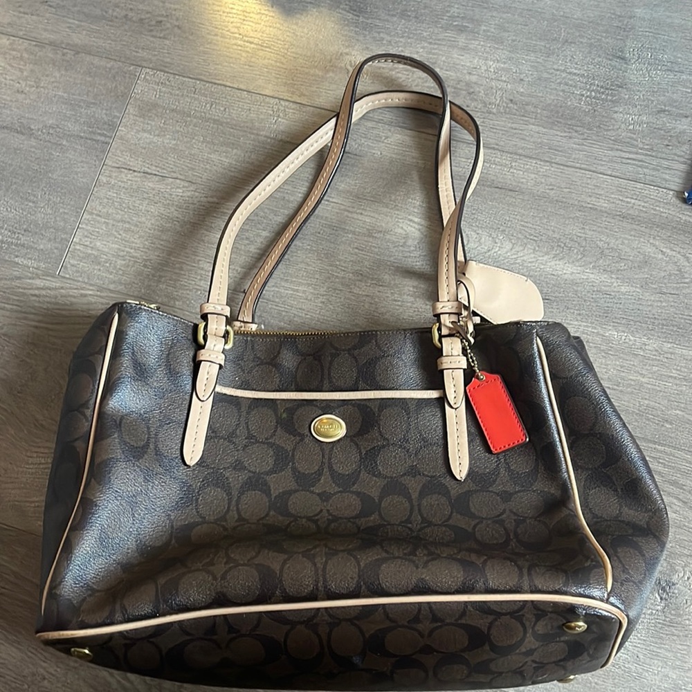 Coach Signature Peyton Double Zip Carryall Shoulder Bag Purse Brown